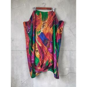 Vibrant Feather Print Silky Kaftan Poncho Wrap - One Size